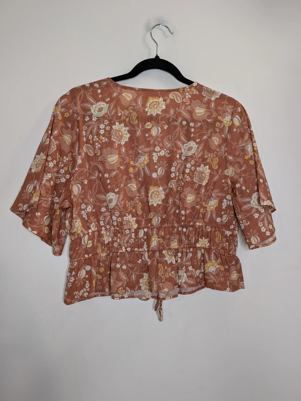Bombay & Paisley Boho Floral Peplum Top XL Rust Tie Front Blouse - Picture 5 of 5